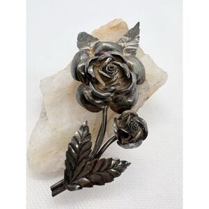Vintage Peru 925 Sterling Silver Rose Flower Brooch Large Dimensional Floral Pin